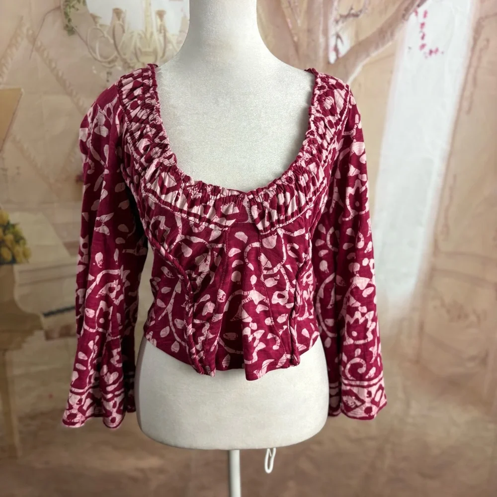 NEW Free People On The Block Bell Sleeve Top - Berry Combo